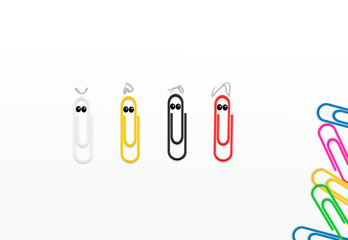 . Four paperclips different colors on paper imitate men with different colors