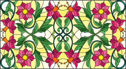 Fototapeta premium Illustration in stained glass style with abstract swirls,pink flowers and leaves on a yellow background,horizontal orientation