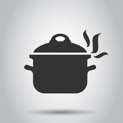 Cooking pan icon in flat style. Kitchen pot illustration on white background. Saucepan equipment business concept.