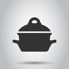 Cooking pan icon in flat style. Kitchen pot illustration on white background. Saucepan equipment business concept.