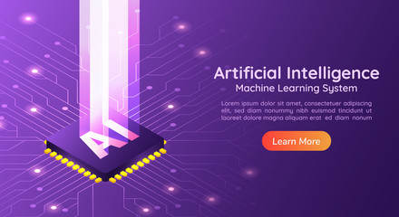 Artificial Intelligence AI with light pillar on computer circuit board