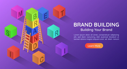 Isometric banner alphabet block combined a BRAND word in a row