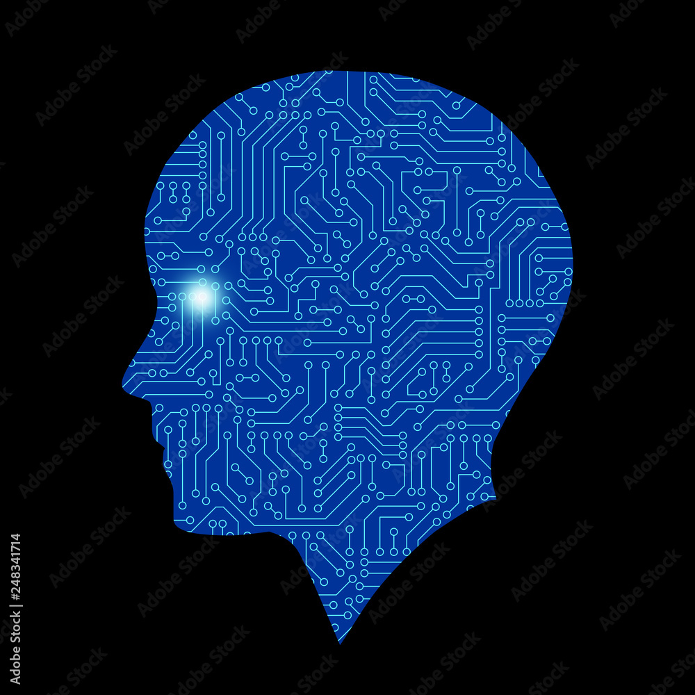 Poster human shape with circuit board pattern texture. high-tech background in digital computer technology 