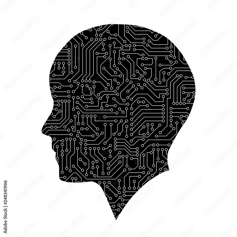 Poster human shape with circuit board pattern texture. high-tech background in digital computer technology 