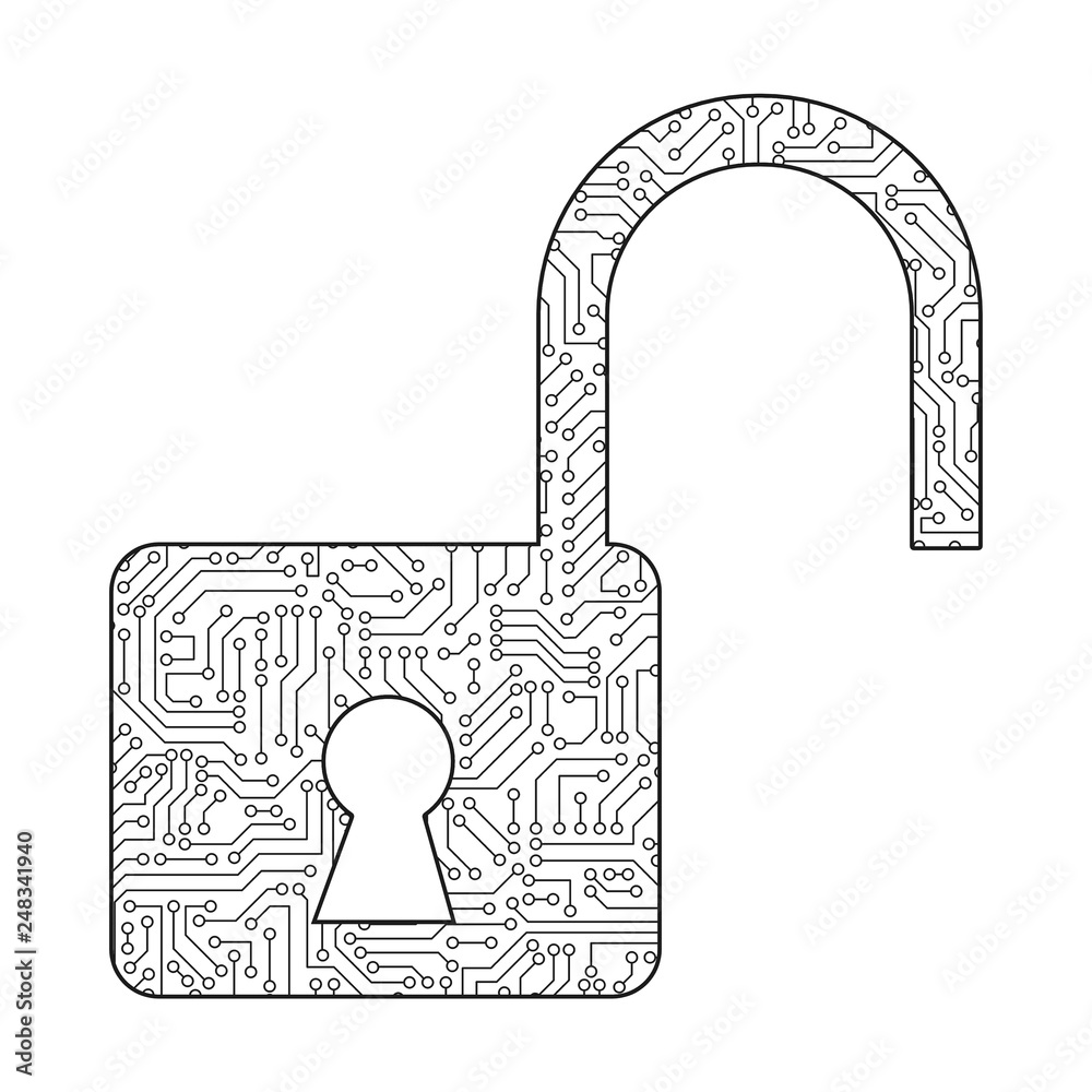 Poster safety lock icon for protecting password with circuit board pattern texture on white background in d