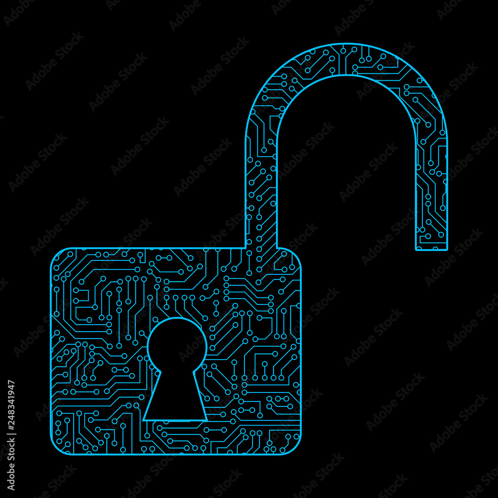 Poster unlock icon for protecting password with circuit board pattern texture on black background in digita