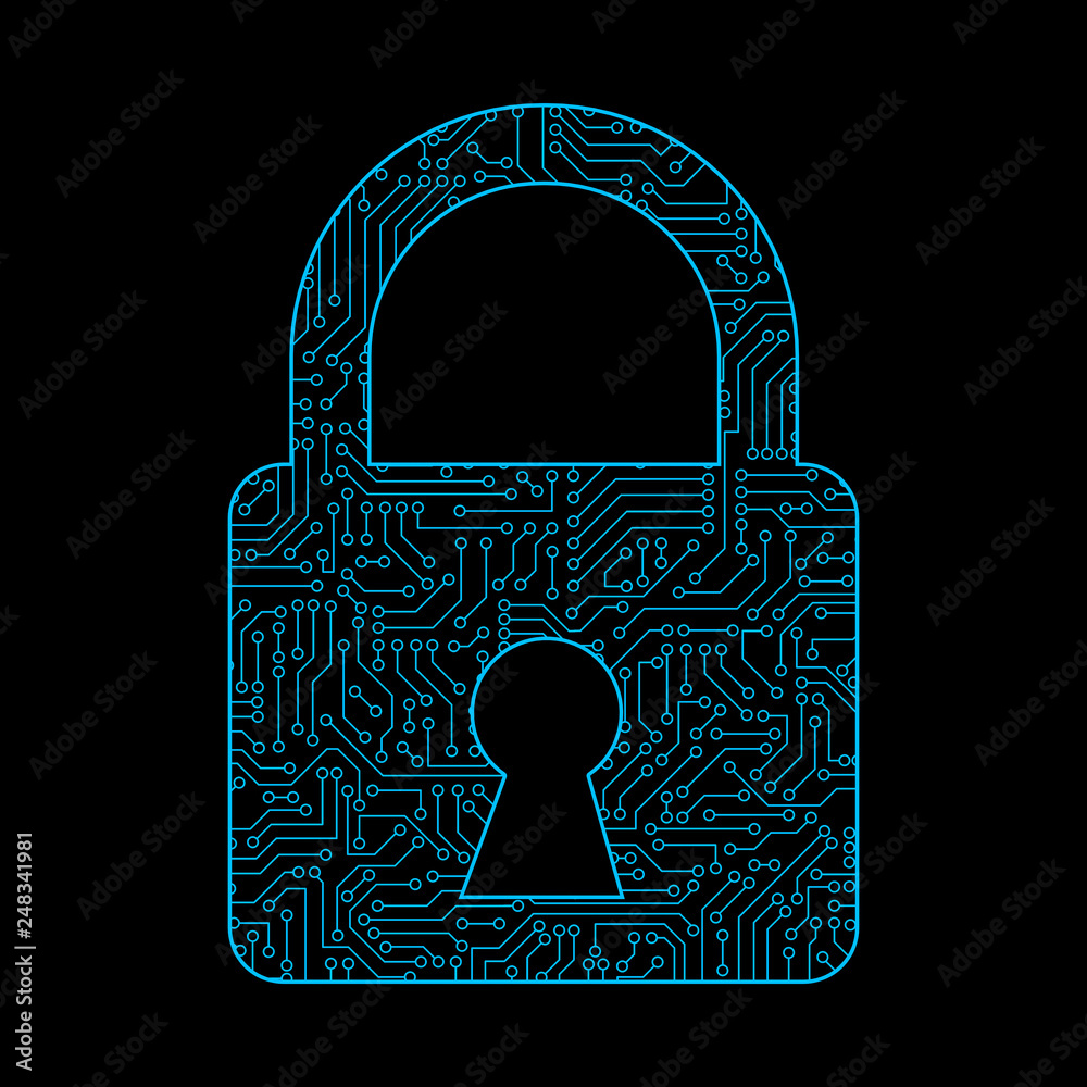 Poster safety lock icon for protecting password with circuit board pattern texture on black background in d