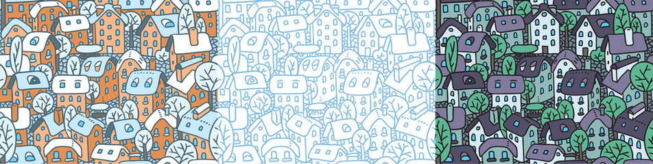 Cute seamless pattern with houses and courtyards