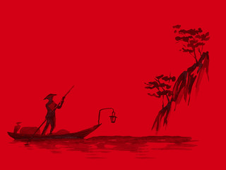 Japan traditional sumi-e painting. Watercolor and ink illustration in style sumi-e, u-sin. Fuji mountain, sakura, sunset. Japan sun. Indian ink illustration. Japanese picture, red background.
