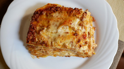Italian food, classic Lasagna with bolognese sauce. Top view