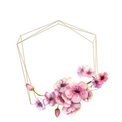 Cherry blossom, Sakura Branch with pink flowers on gold frame and isolated white background. Image of spring. Frame. Watercolor illustration. Design elements. flowers below. geometric frame