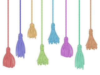 Tassel trim. Fabric curtain tassels, fringe bunch on rope and pillow colorful embelishments isolated vector set