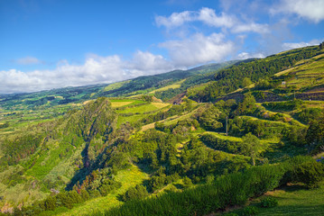 Fototapeta na wymiar Typical green landscape on Sao Miguel island of Azores, Portugal.