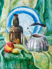 Still life with a plate, bottle, kettle, Apple and lemon. Painted with watercolor paints on paper.  Green and yellow background. Traced the folds of the fabric.