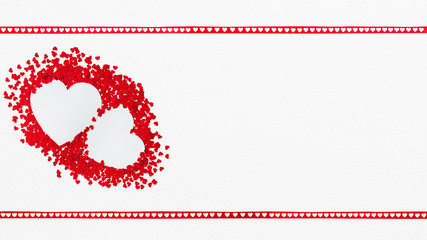 Valentine's decoration made of  paper hearts with red frame. Panoramic.