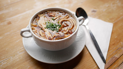 Warm austrian soup. Frittatensuppe, Sliced Pancake Soup.