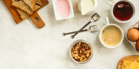 breakfast or snack (coffee, yogurt, cheese, sandwiches, cornflakes and more). Food background