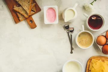 breakfast or snack (coffee, yogurt, cheese, sandwiches, cornflakes and more). Food background