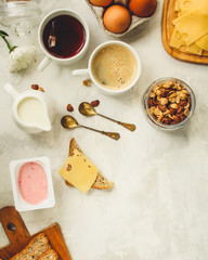 breakfast or snack (coffee, yogurt, cheese, sandwiches, cornflakes and more). Food background