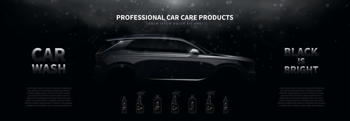 Professional car wash products ads banner template. Vector illustration with shining silhouette of car on black background with light beams and effect bokeh. Bottles with different  washing products.