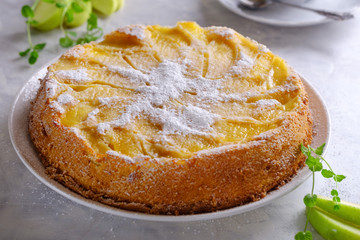 Fragrant charlotte with fresh apples and powdered sugar.