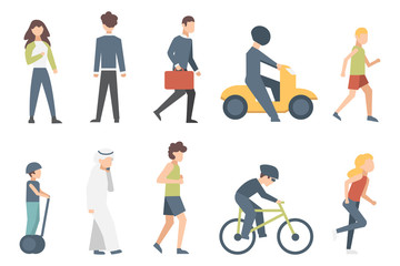 Group of tiny people riding bikes on city street. Illustration of male and female flat cartoon characters isolated