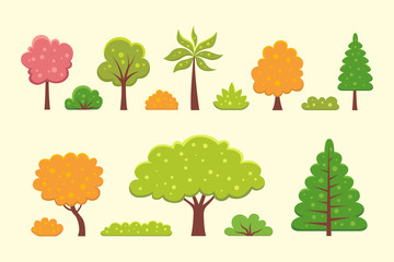 Collection of trees and bushes illustrations in cartoon style. Forest and garden tree nature plant isolated.