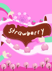 Process of strawberry and chocolate balls production in fun park background : Vector Illustration