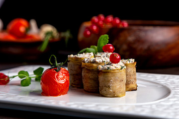 Eggplant rolls with a filling, on a white plate of urshenoy baked tomato. Dark background decorated with vegetables and viburnum