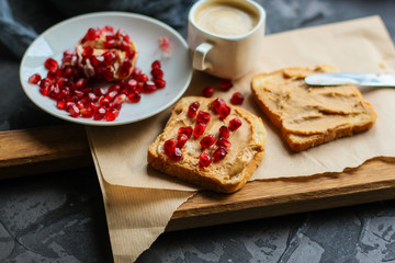 pomegranate sandwich  peanut butter (sweet snack). Top Food background