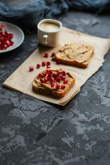 pomegranate sandwich  peanut butter (sweet snack). Top Food background