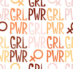 Seamless pattern with feminism symbol and handwritten quote GRL PWR. Feminist movement background. Equality and internationality concept. Vector illustration.