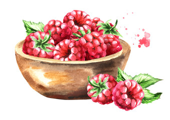 Bowl with ripe raspberry. Watercolor hand drawn illustration, isolated on white background