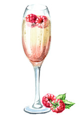 Champagne glass with raspbery. Watercolor hand drawn illustration, isolated on white background