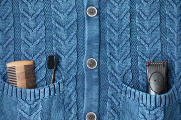 Hair trimmer, toothbrush and hairbrush. Personal care products. Men's care