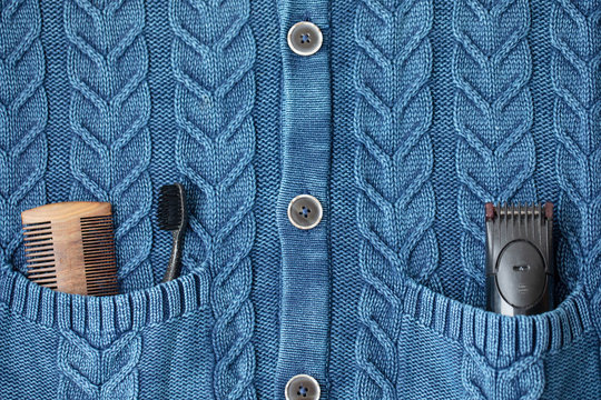 Hair trimmer, toothbrush and hairbrush. Personal care products. Men's care