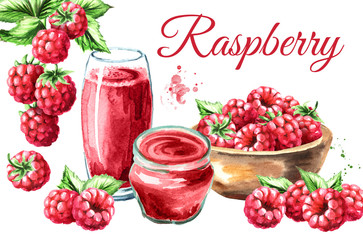 Ripe raspberry card. Watercolor hand drawn illustration, isolated on white background