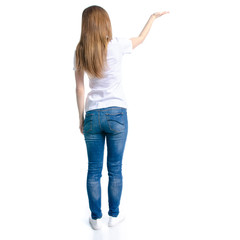 Woman in jeans and white t-shirt showing on white background isolation, back view