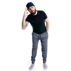 Man with beard cap on white background isolation