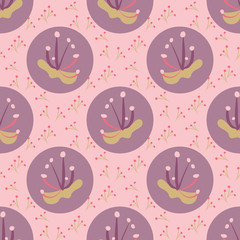 Bold and dynamic cherry blossom seamless pattern design in eye-catching colors. Large blooms alternate with abstract plant sprigs to create a repeat vector design for textiles, home decor and paper.