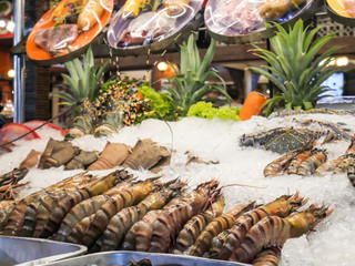 Fresh river prawn from the fish market. (fresh shrimp / seafood), Seafood on ice at Night Market in Hua Hin, Thailand