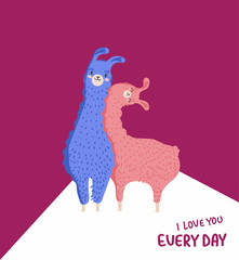 I love you every day. Cartoon Llama family in love. Color background. Vector illustration. 