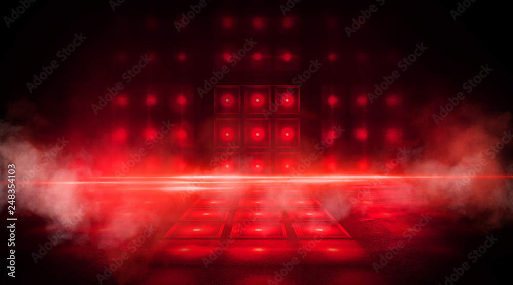 Wall mural empty scene of a show with lanterns and concrete floor, abstract background with bokeh, lights, rays