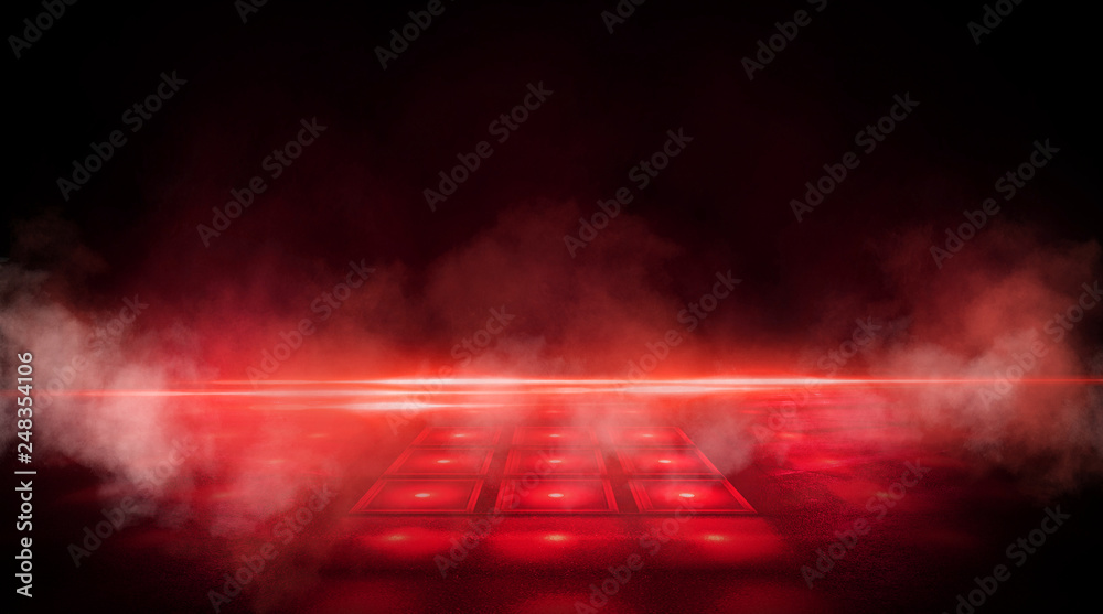 Sticker empty scene of a show with lanterns and concrete floor, abstract background with bokeh, lights, rays