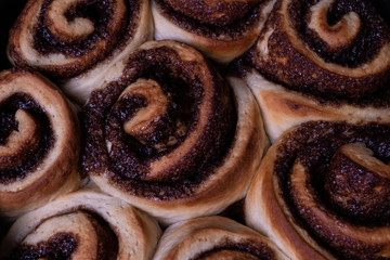 Close up shot of cinnamon buns. Homemade cinnamon rolls