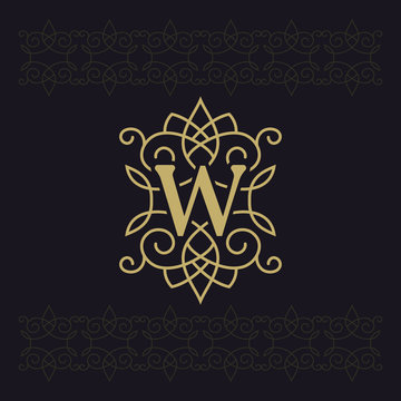 Capital letter W. Beautiful monogram. Elegant logo. Calligraphic design. Luxury emblem. Vintage ornament. Simple graphics style. Flourishes boutique brand on black background. Vector illustration