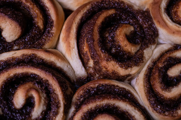 Close up shot of cinnamon buns. Homemade cinnamon rolls