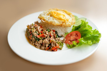 a typical Thai lunch - rice topped with stir-fried pork and basil and fired egg