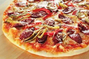 Italian Pizza Restaurant Menu  - pizza with pickles, salted cucumbers, red pepper, pepperoni and sausages