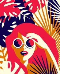 Vektorillustration eines Mädchens mit Sonnenbrille zwischen tropischen Pflanzen. Sommerkonzept im Vintage-Stil © CaptainMCity